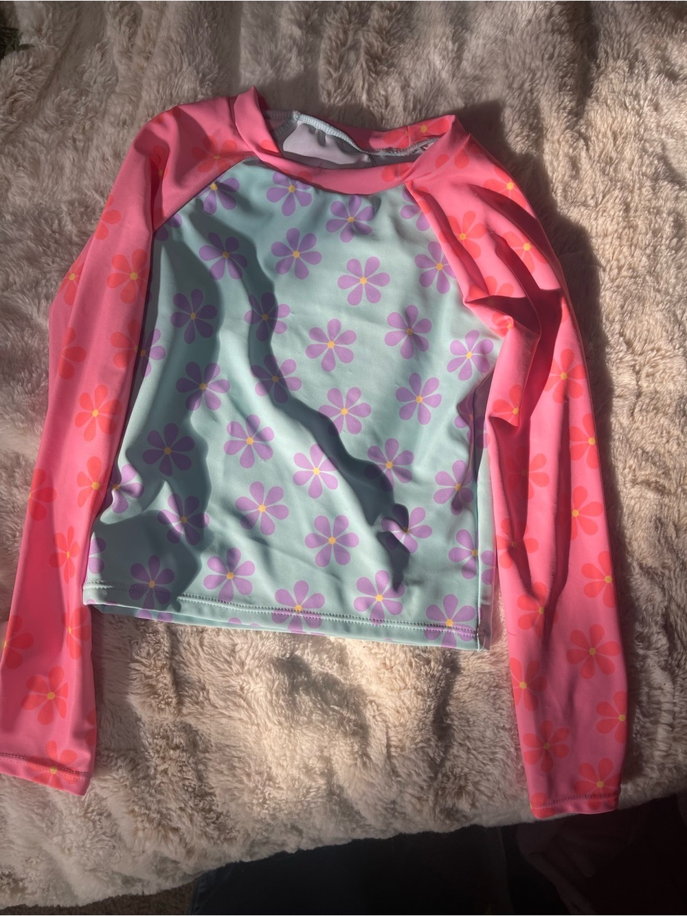 Girls' Mint Floral Rash Guard with Pink Sleeves